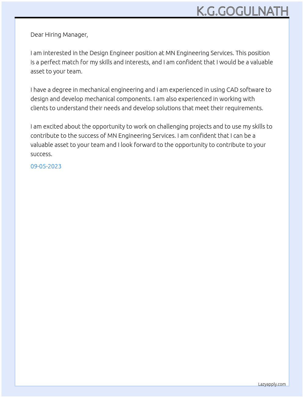 Design Engineer At MN Engineering Services Cover Letter