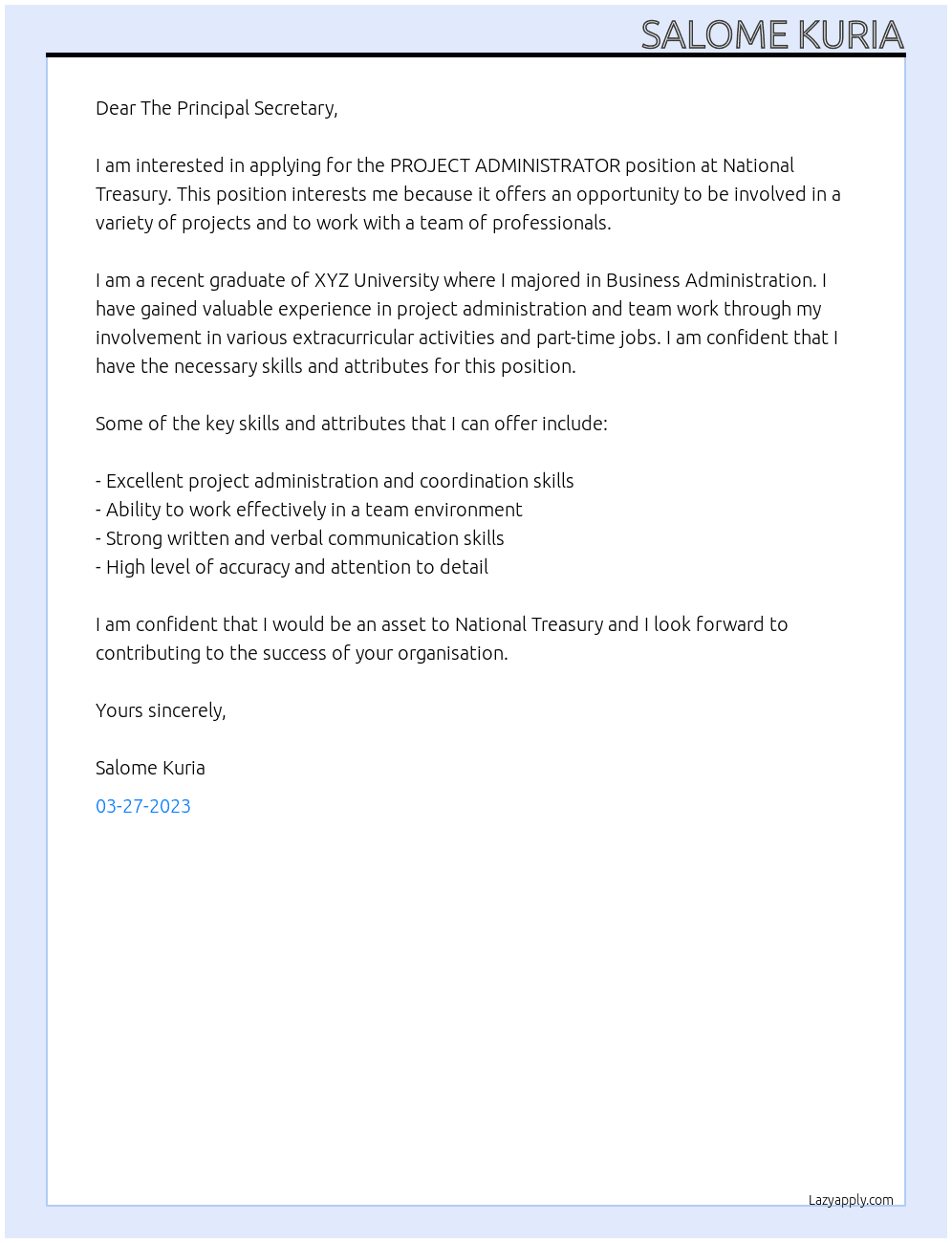 PROJECT ADMINISTRATOR At National Treasury Cover Letter