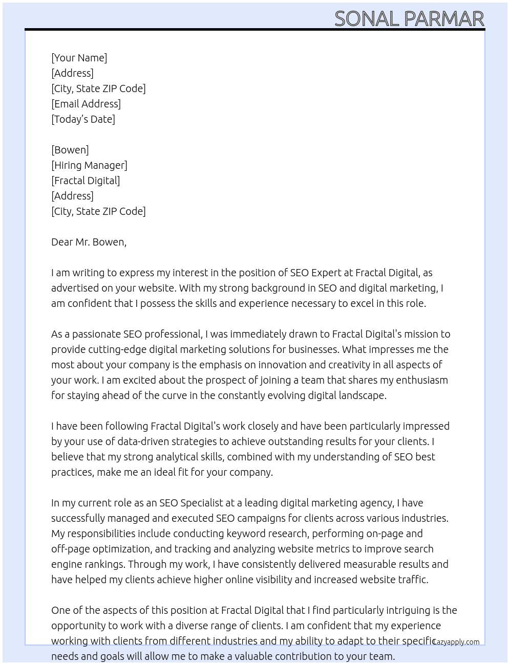 SEO Expert At Fractal Digital Cover Letter