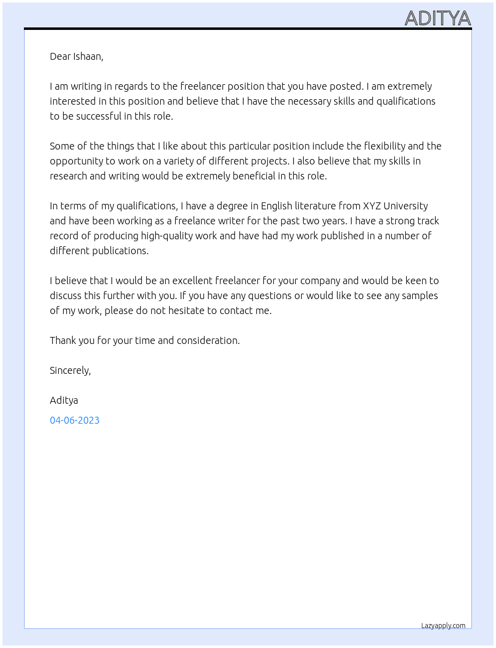 Freelancer At Ishaan Cover Letter