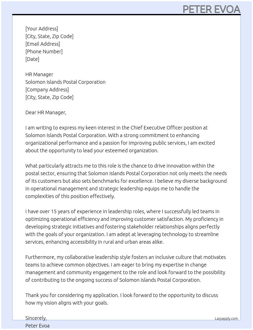 Chief Executive Officer At Solomon Islands Postal Corporation Cover Letter