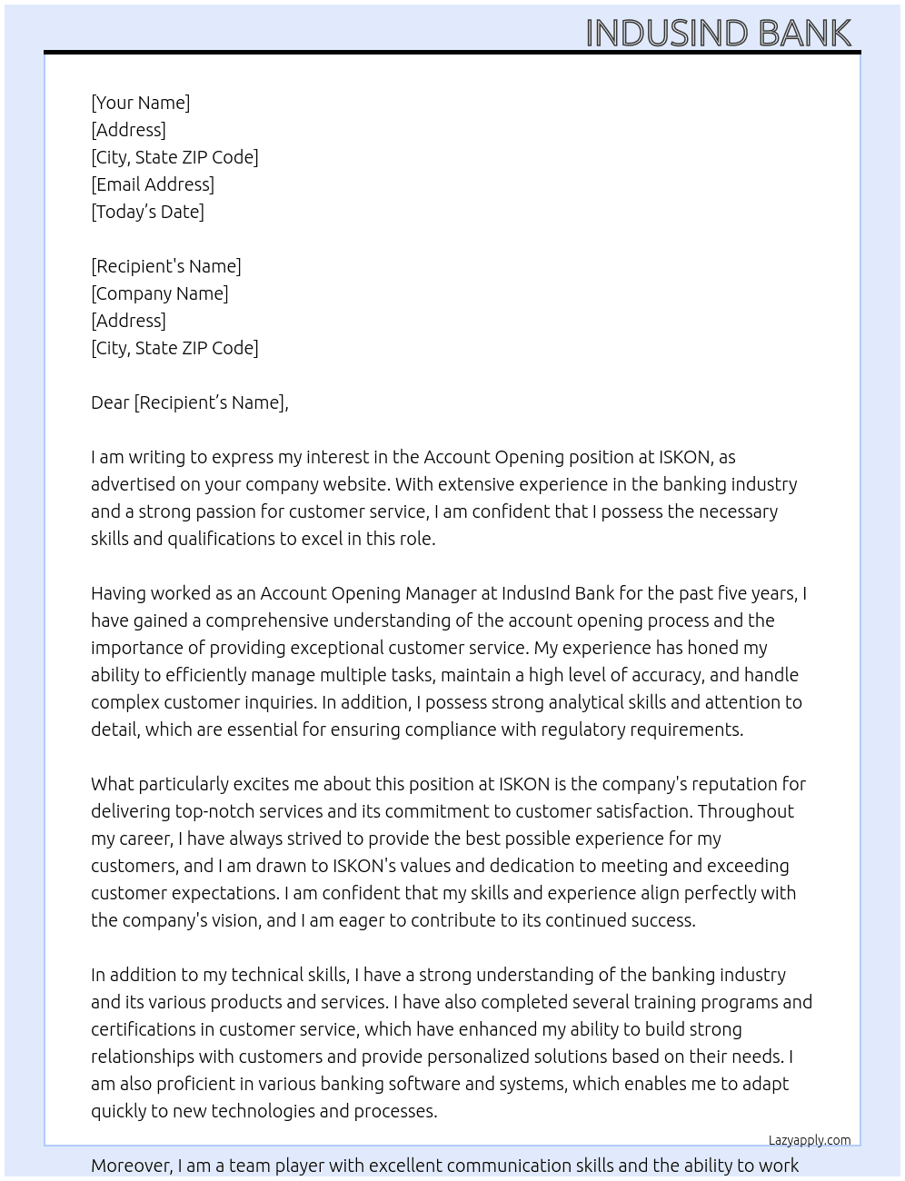 Account opening  At ISKON  Cover Letter