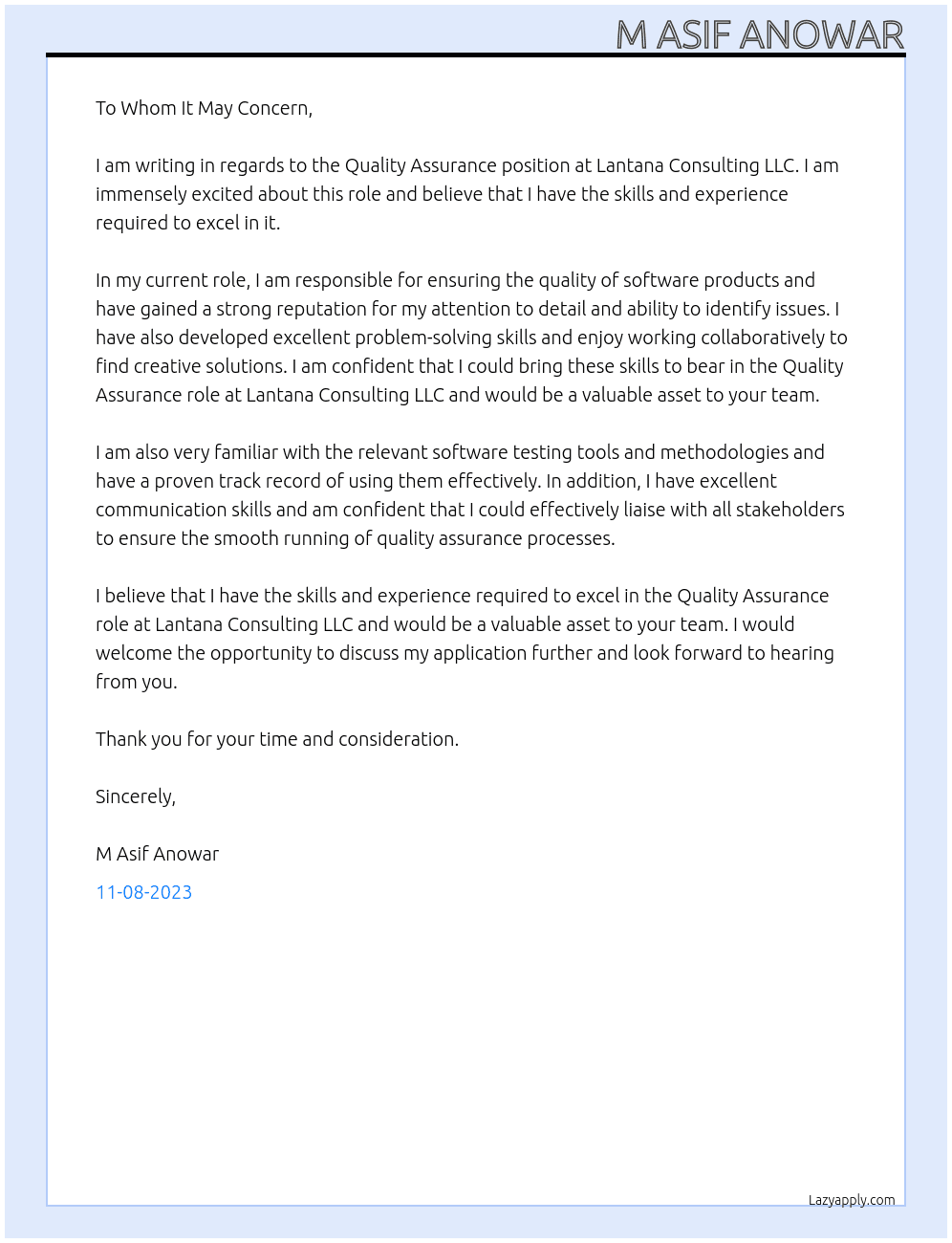 QA At Lantana Consulting LLC Cover Letter