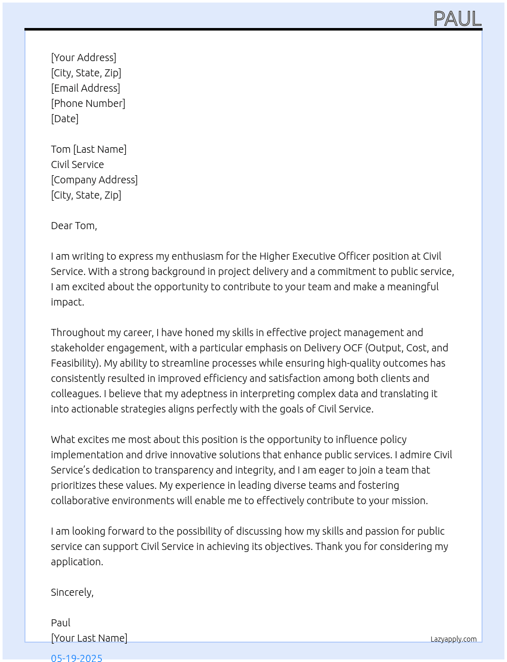 Higher executive officer At Civil service  Cover Letter