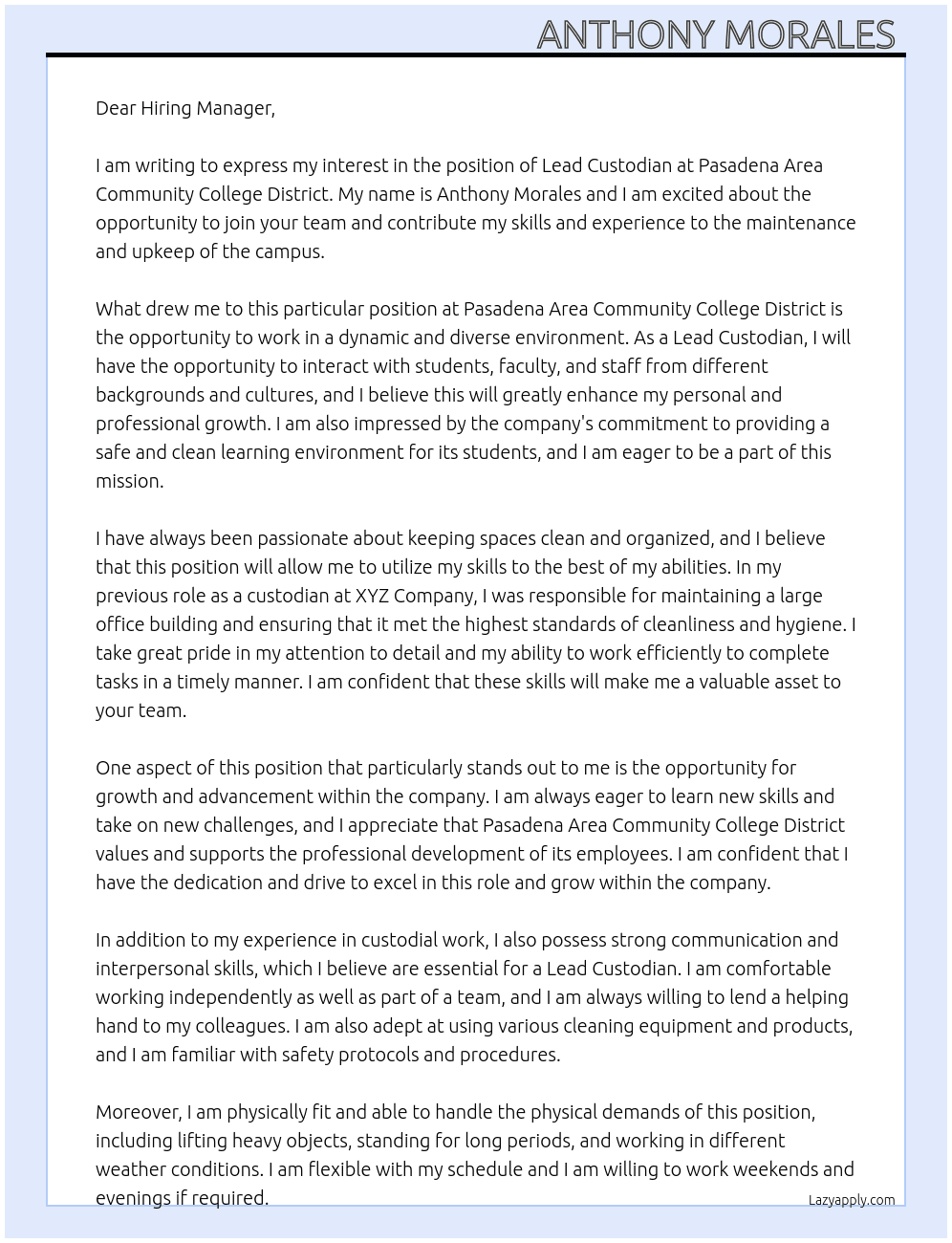 Lead Custodian  At Pasadena Area Community College District Cover Letter