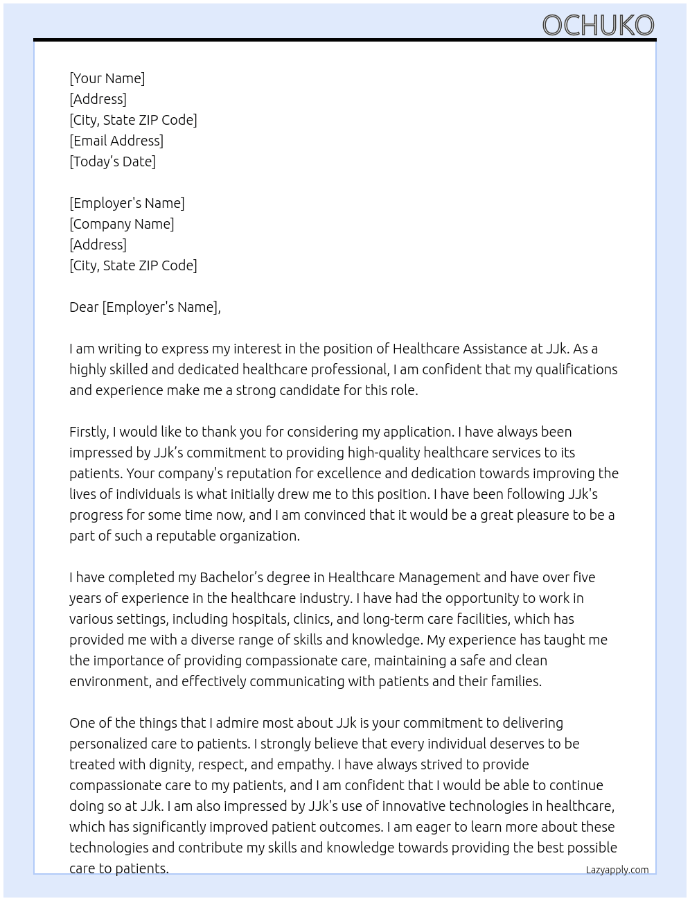 healthcare assistance At jjk Cover Letter