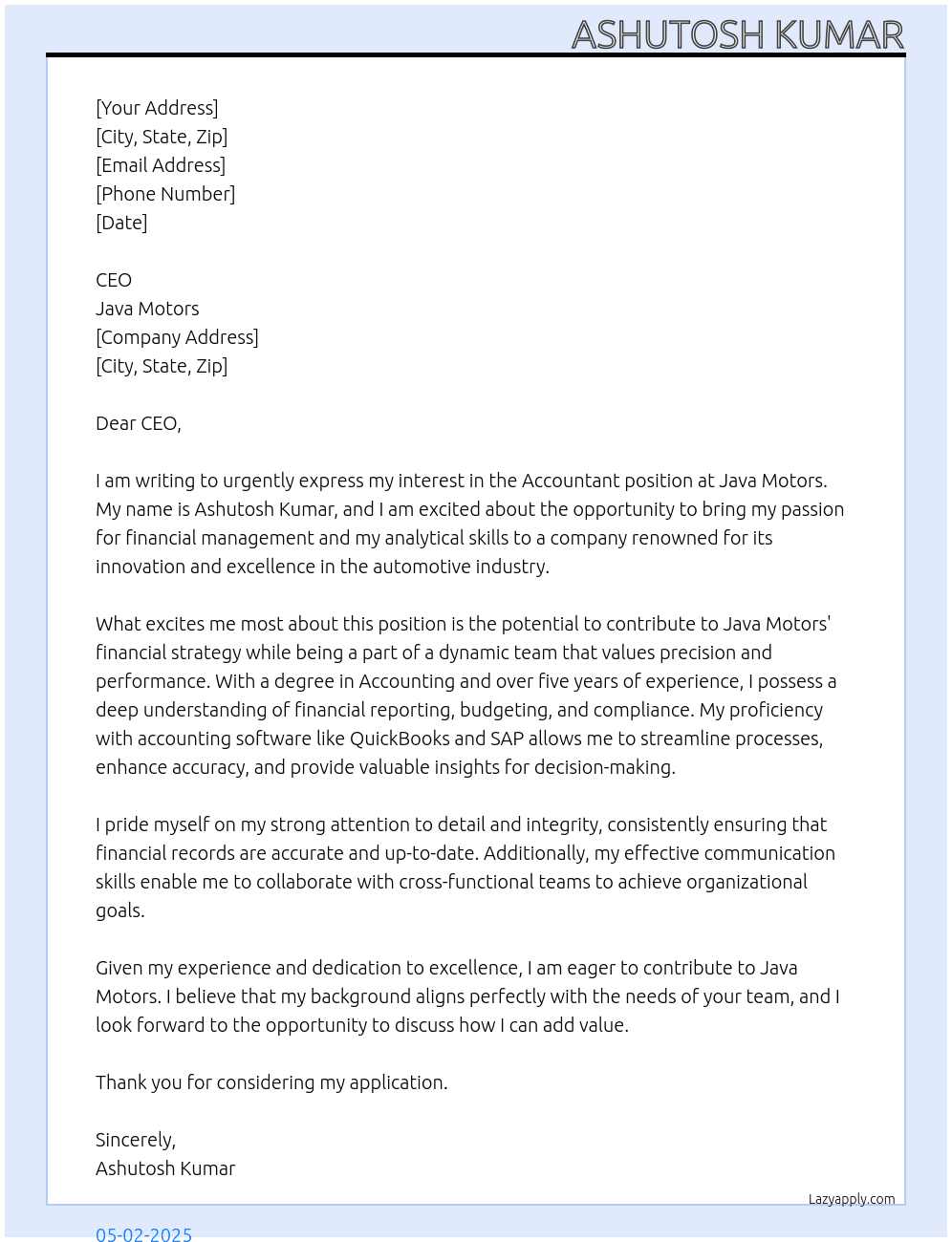 ACCOUNTANT At Java Motors Cover Letter
