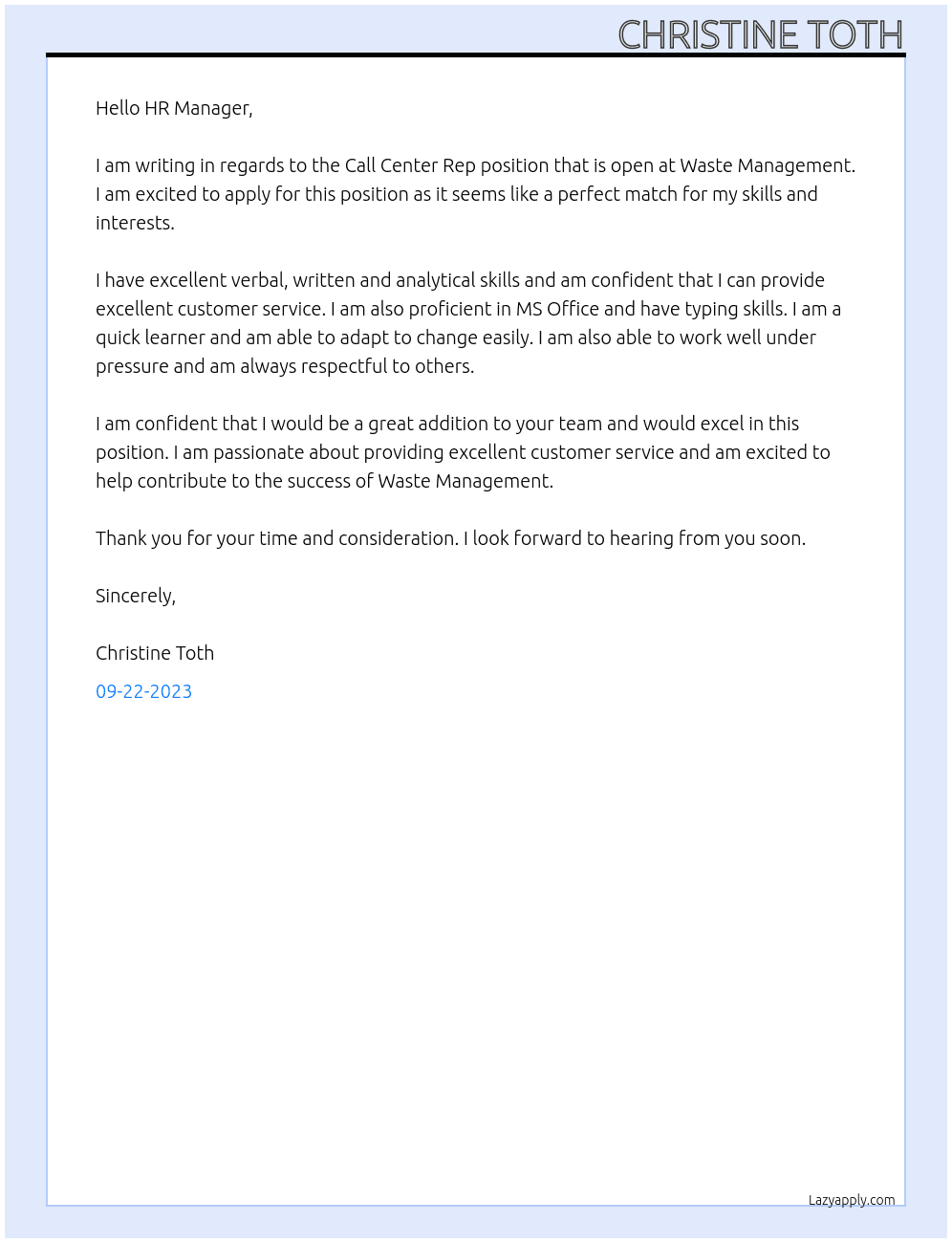 Call Center Rep. At Waste Managent Cover Letter
