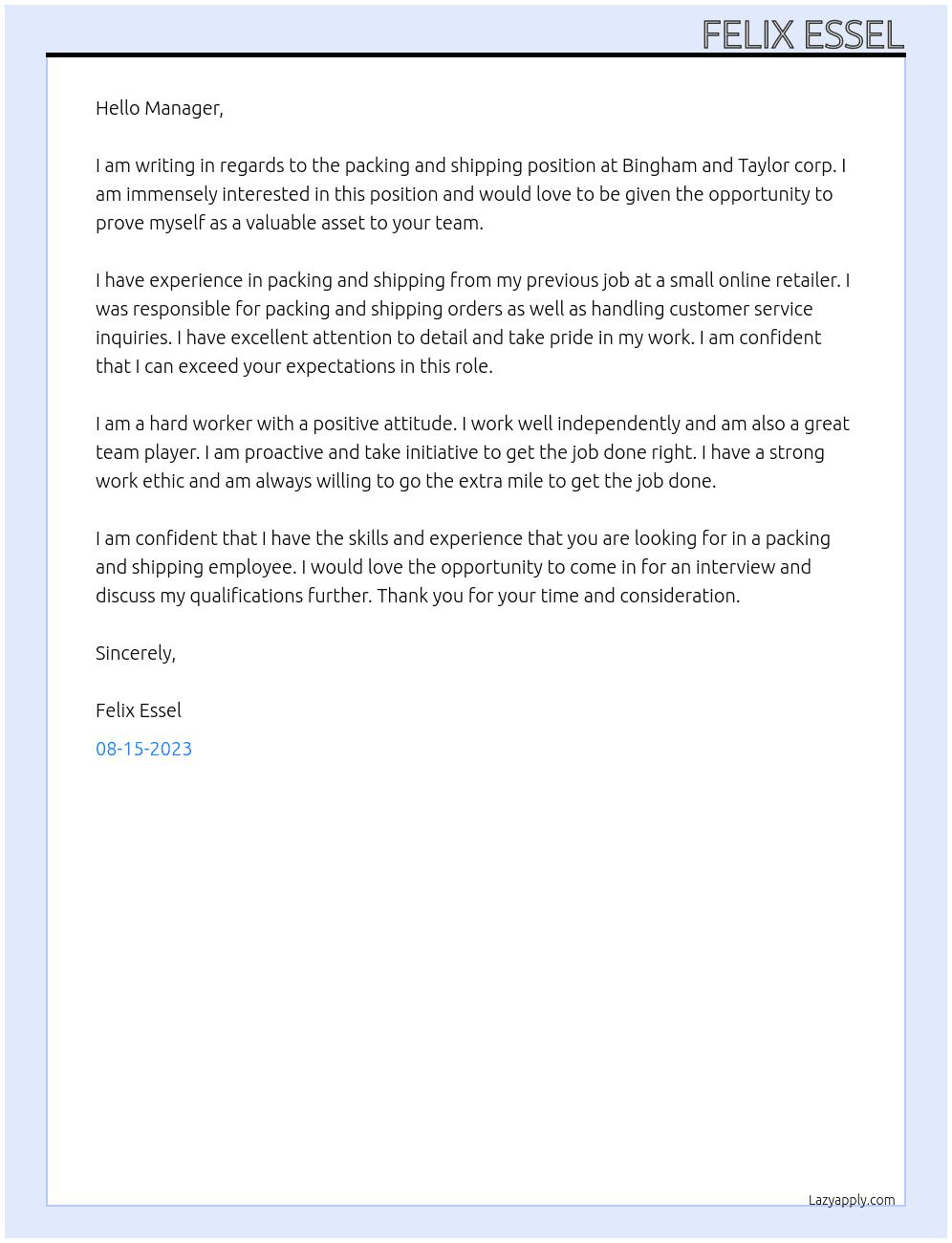 Packing and shipping  At Bingham and Taylor corp. Cover Letter