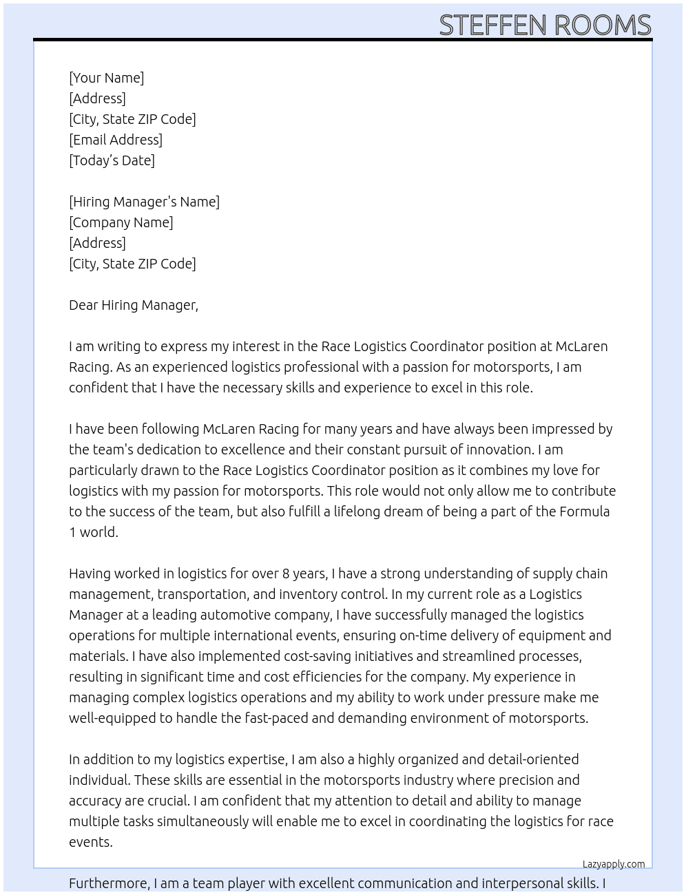 Race Logistics Coordinator At McLaren Racin Cover Letter