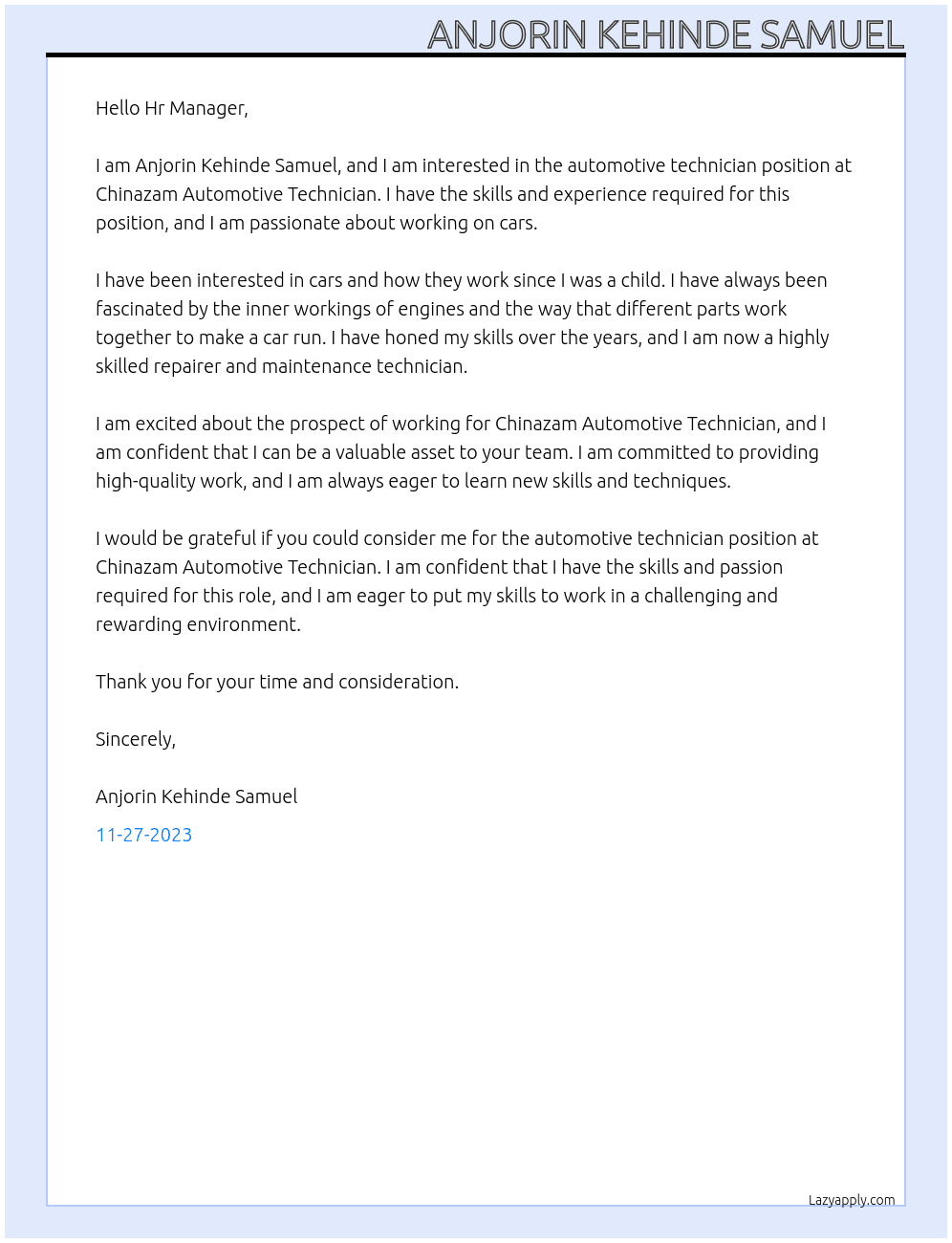 automotive technician At Chinazam Automotive Technician Cover Letter