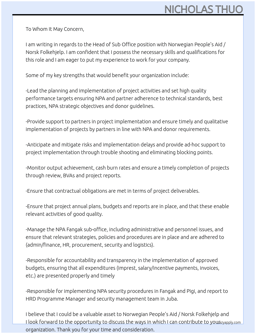 Head of Sub Office At Norwegian People's Aid / Norsk Folkehjelp Cover Letter