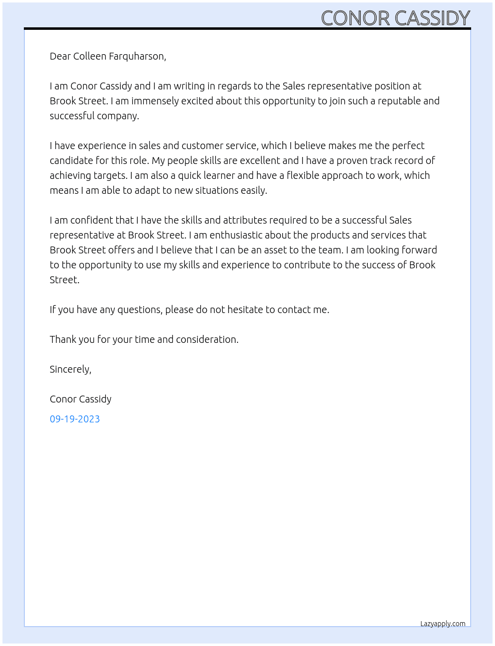 Sales representative  At Brook street Cover Letter