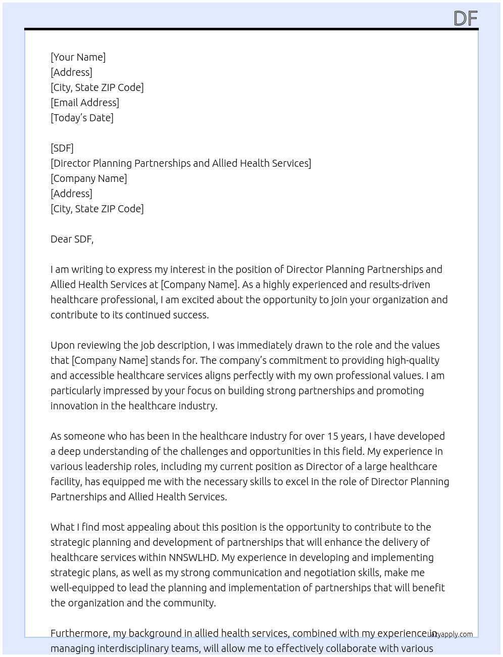 Director Planning Partnerships and Allied Health Services, Location negotiable within NNSWLHD At sdf Cover Letter