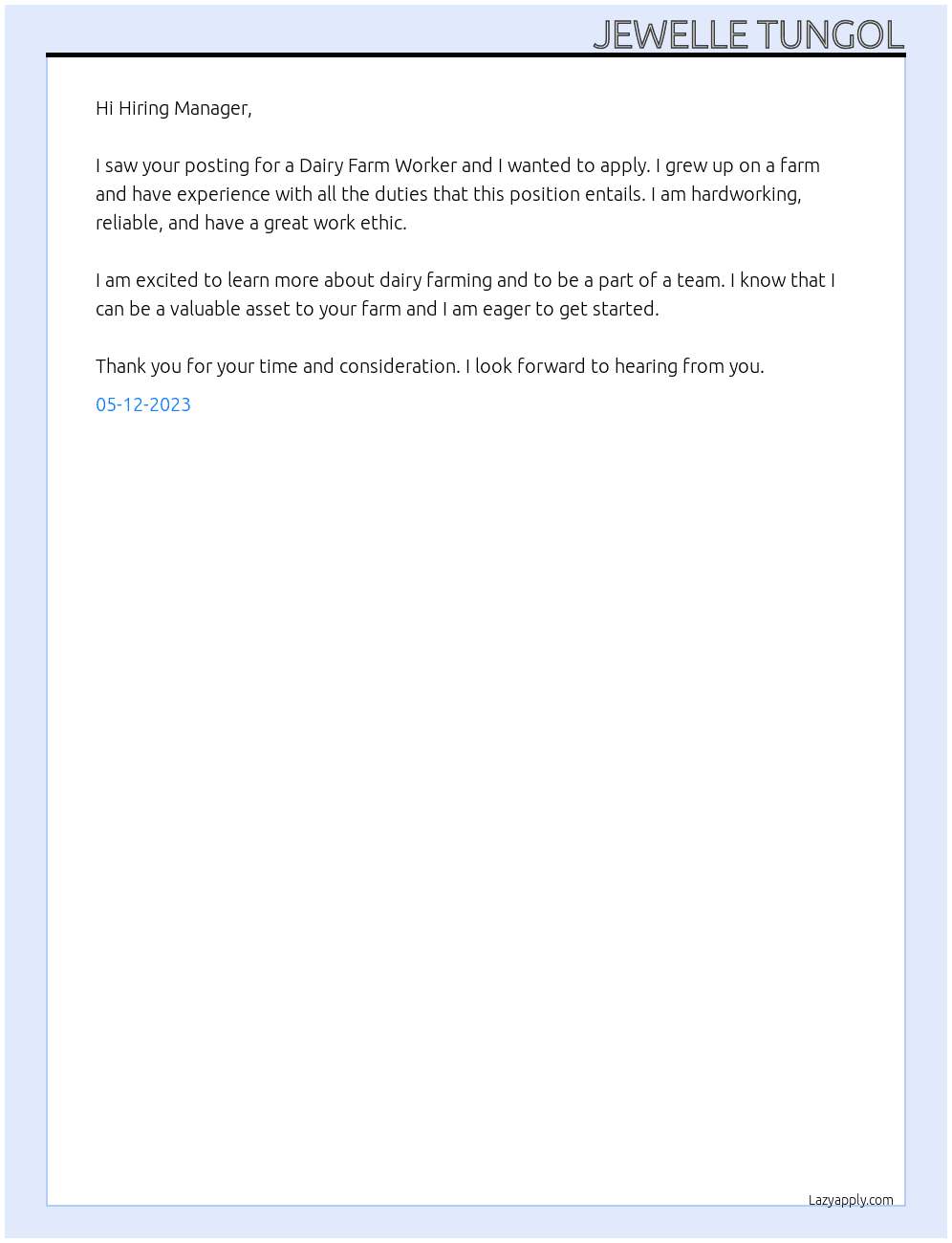 Dairy Farm Worker At aa Cover Letter