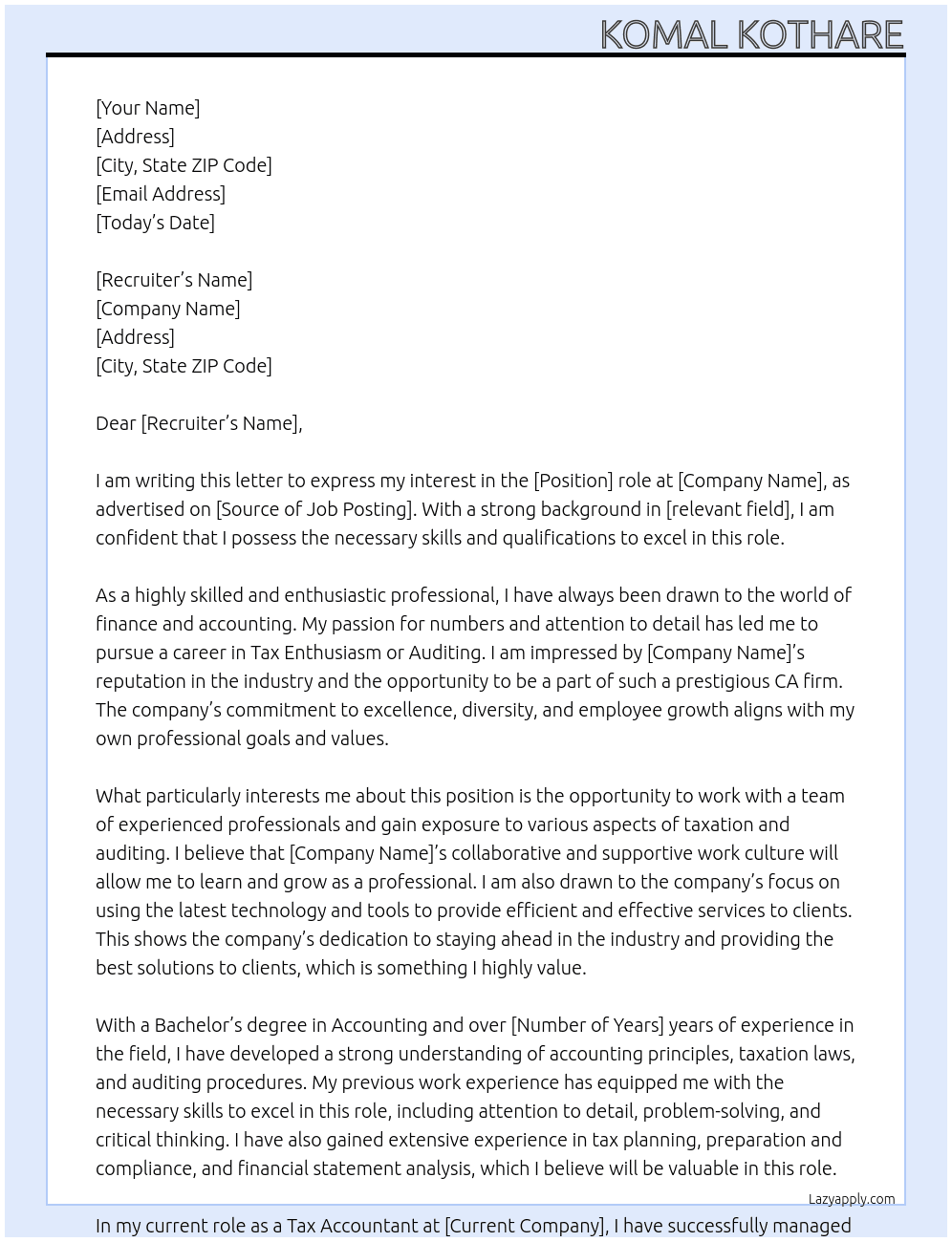 Tax enthusiasm or auditing  At CA firm Cover Letter