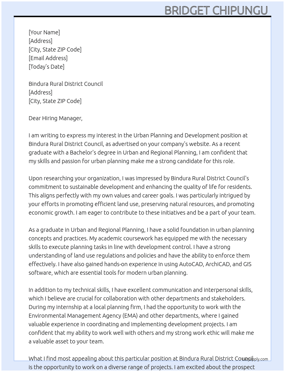 Urban Planning and Development  At Bindura Rural District Council  Cover Letter