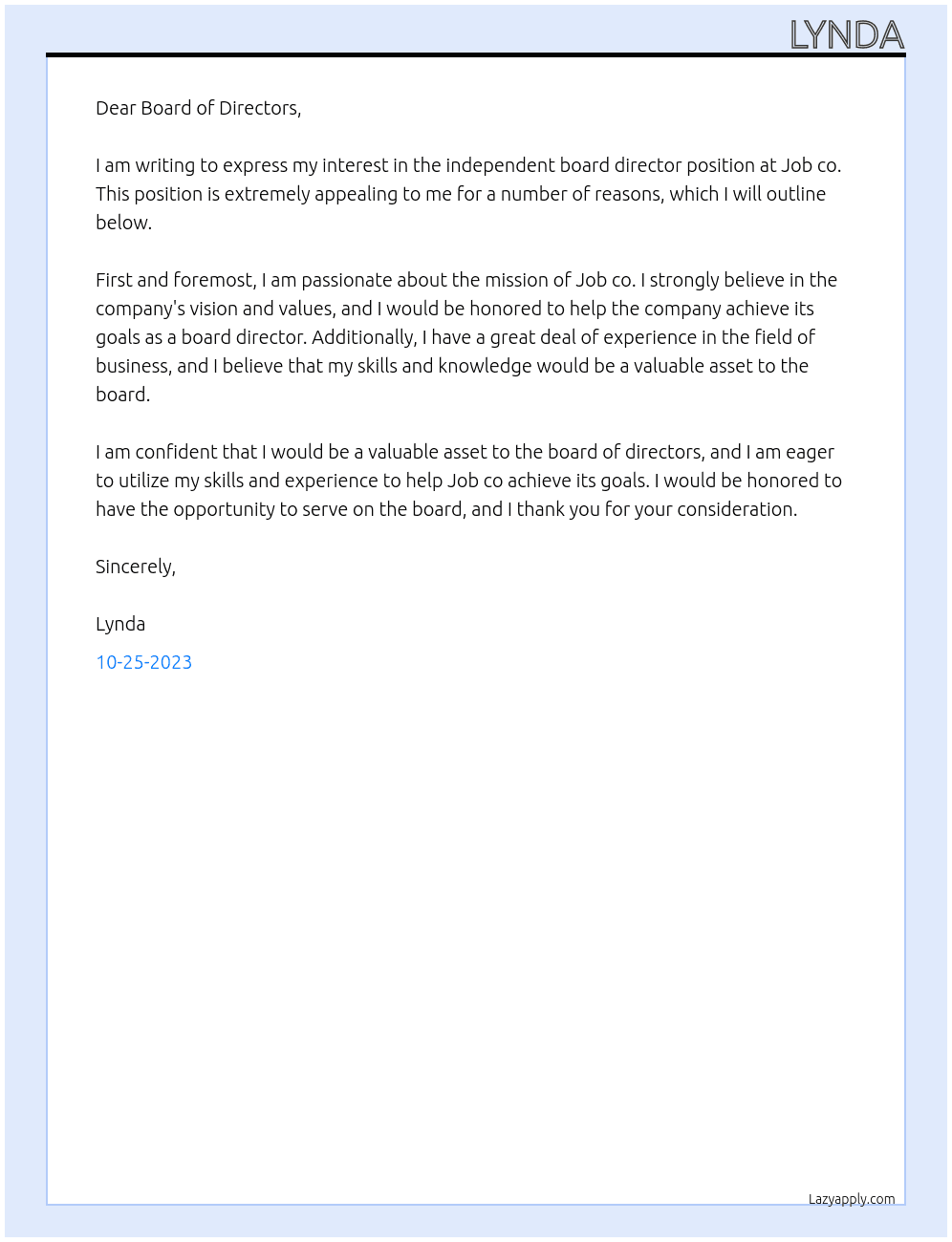 Independent Board Director At Job co Cover Letter