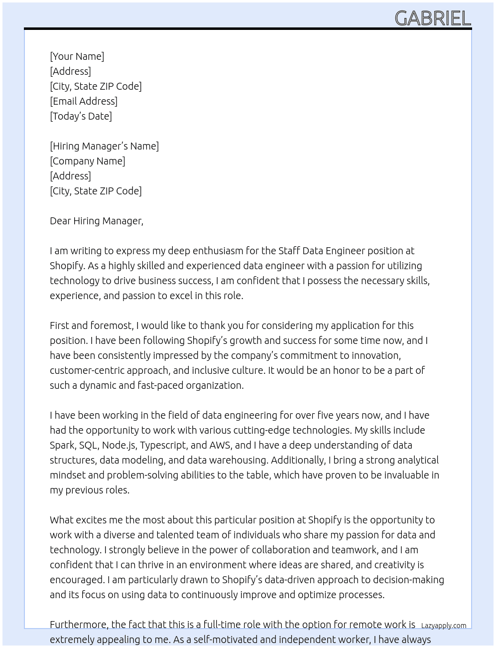 Staff Data Engineer At Shopify Cover Letter