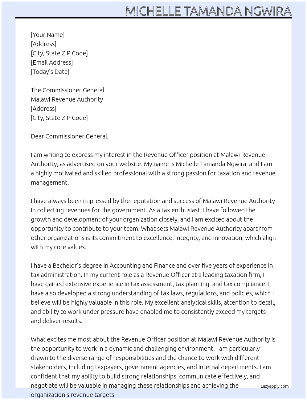 revenue officer At Malawi Revenue Authority Cover Letter