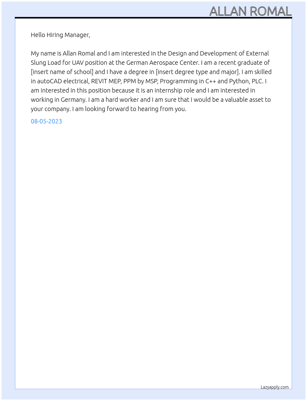 Design and Development of External Slung Load for UAV At German Aerospace Center Cover Letter