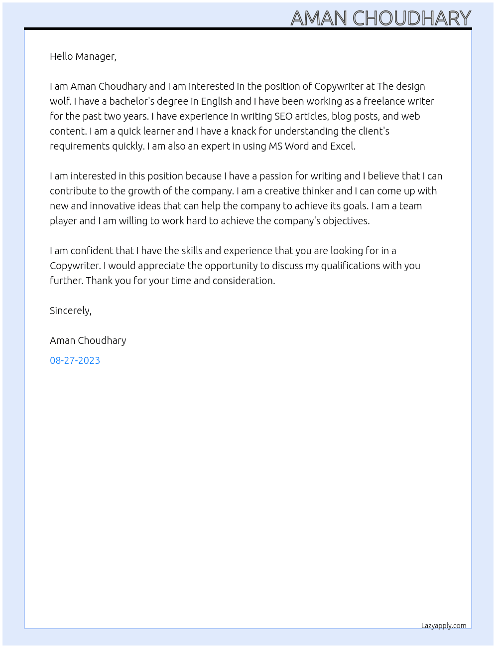 Copywriter At The design wolf Cover Letter