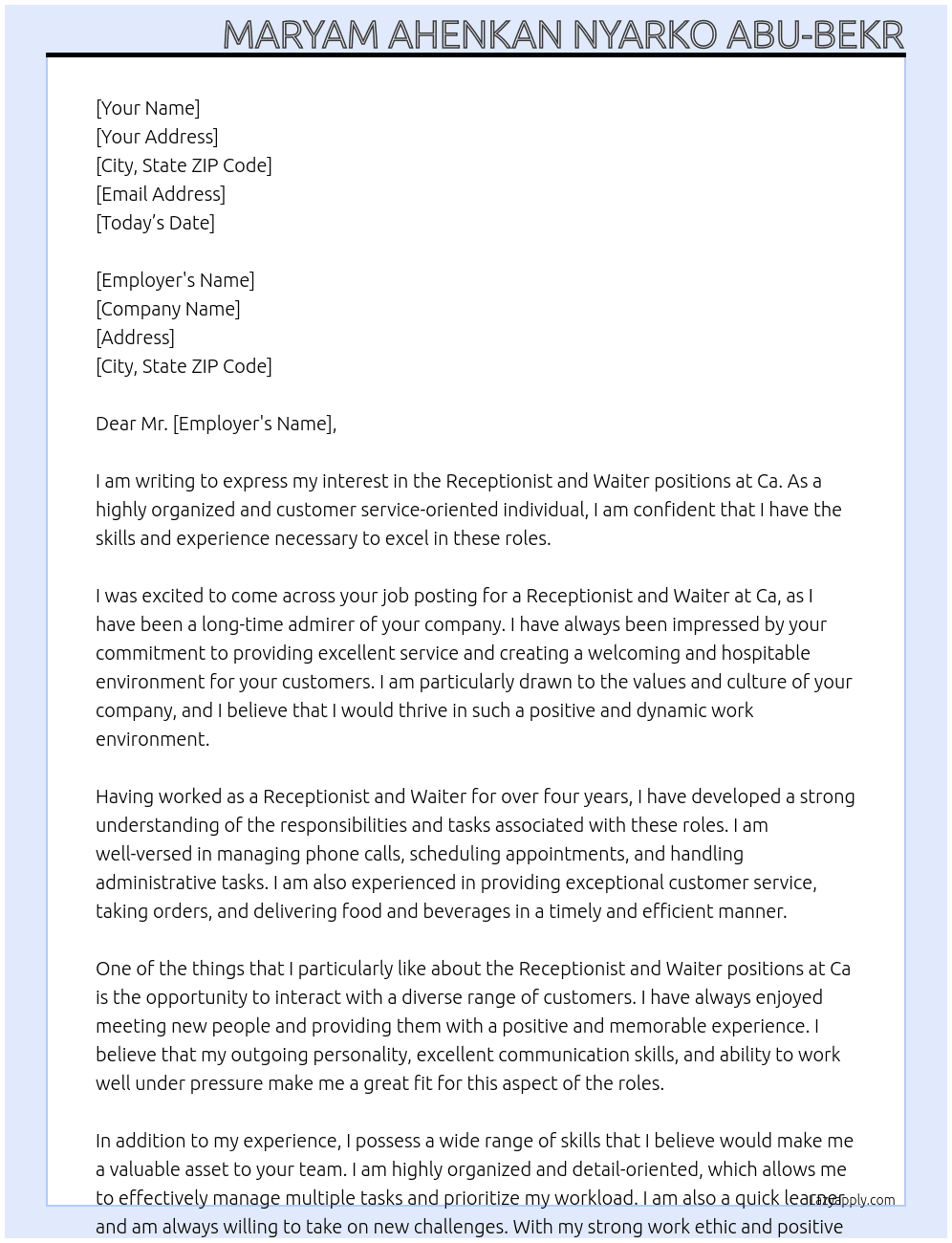 Receptionist, Waiter At Ca Cover Letter