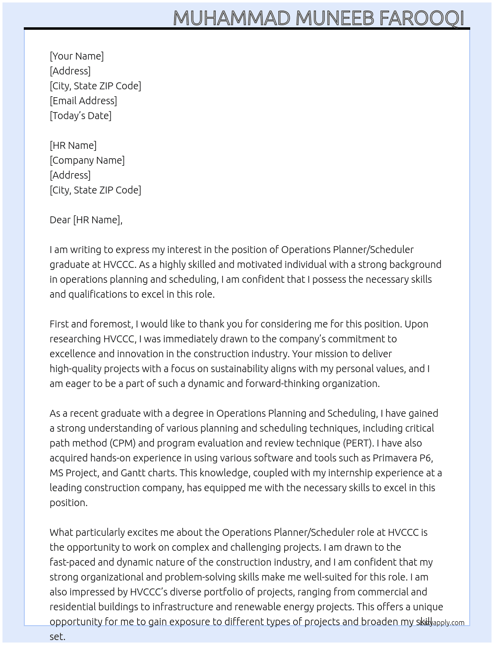 Operations Planner/Scheduler graduate  At HVCCC Cover Letter