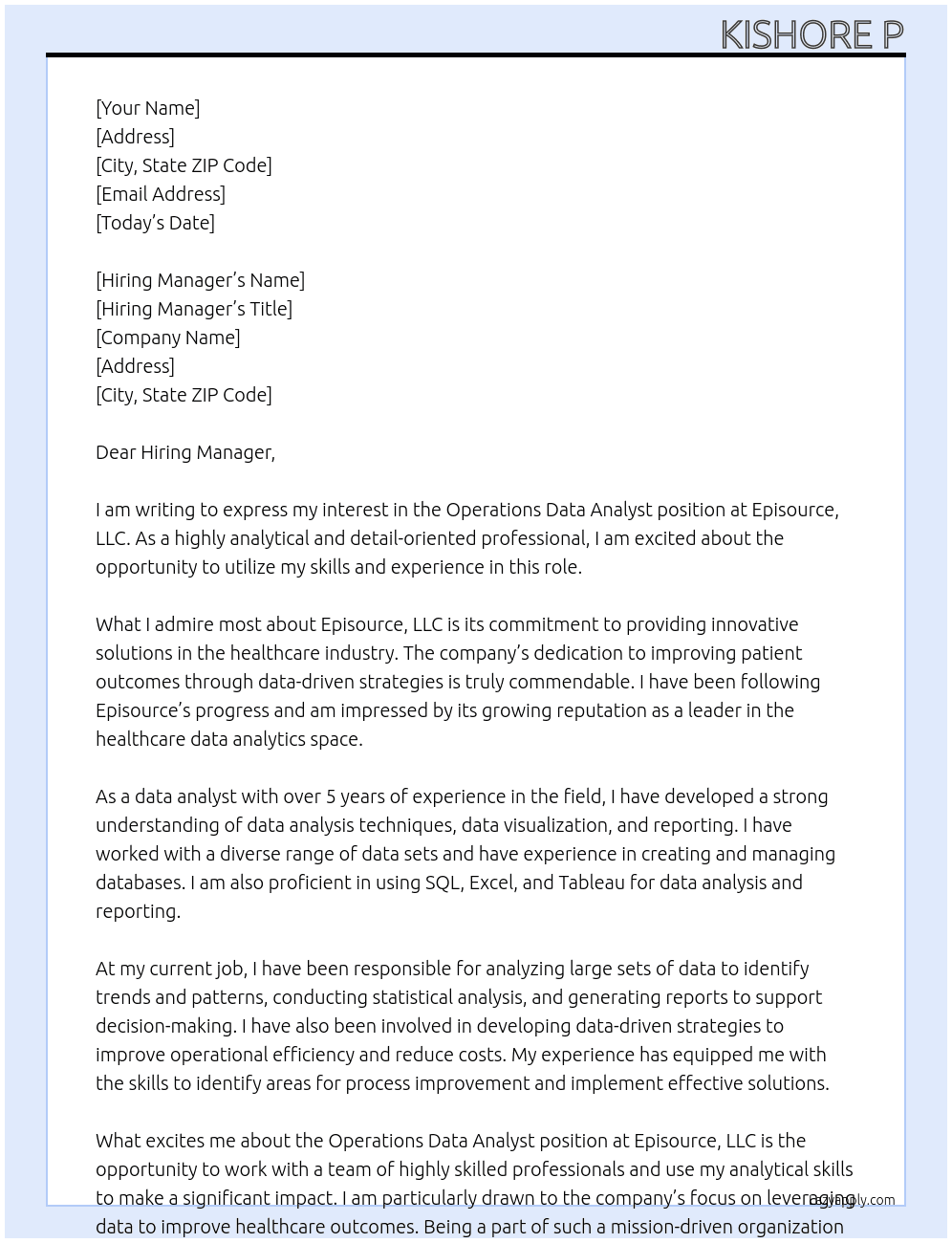 Operations Data Analyst At Episource, LLC. Cover Letter