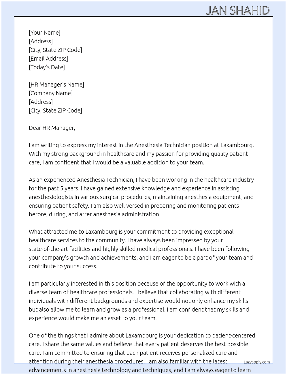 Anesthesia technician  At Laxambourg Cover Letter