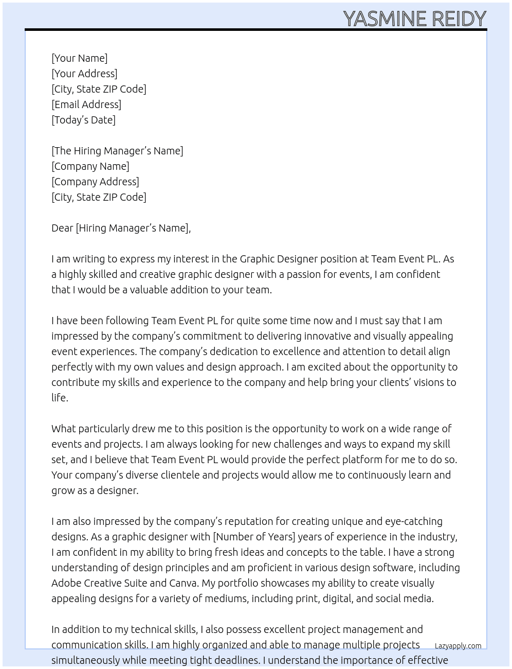 Graphic Designer At Team Event PL Cover Letter