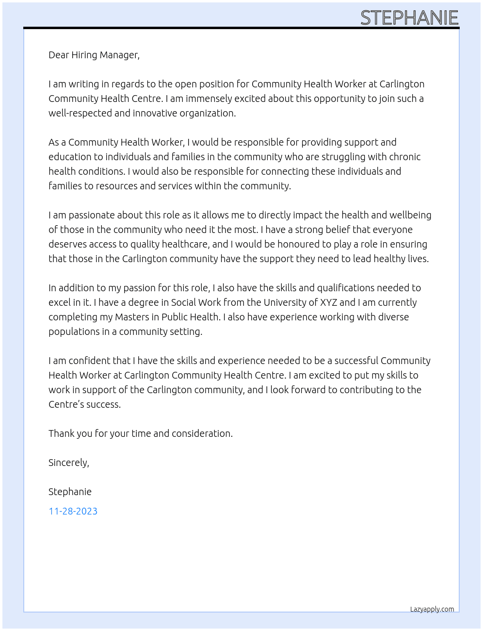 Community Health Worker At Carlington Community Health Centre Cover Letter