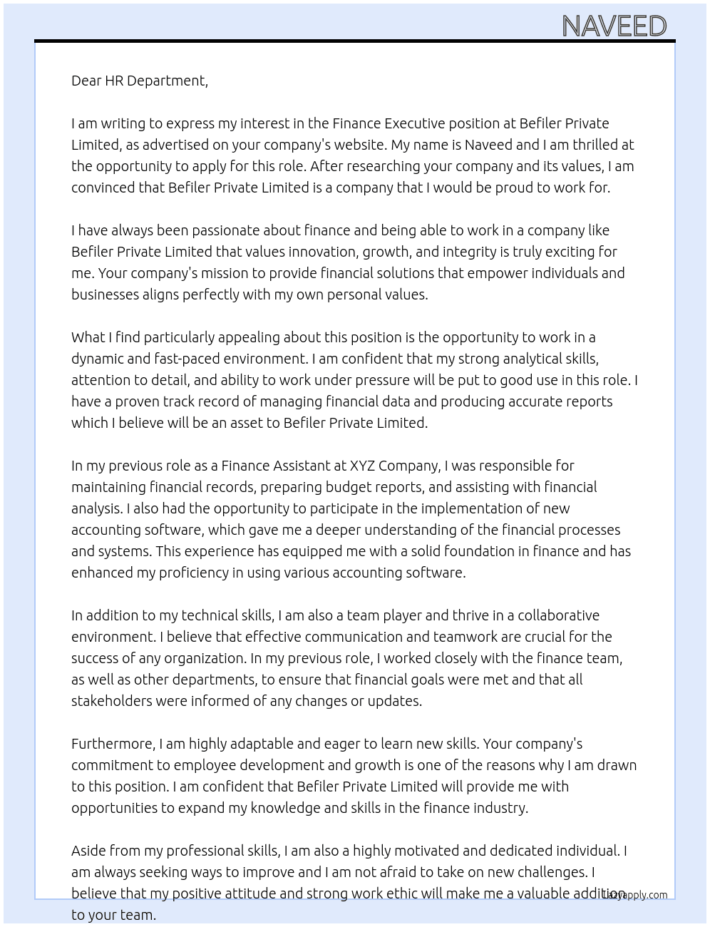 Finance Executive At Befiler Private Limited Cover Letter