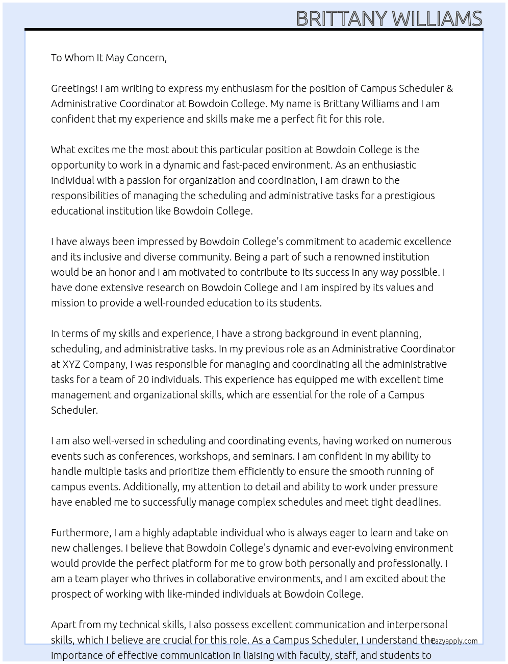 Campus Scheduler & Administrative Coordinator At Bowdoin College Cover Letter