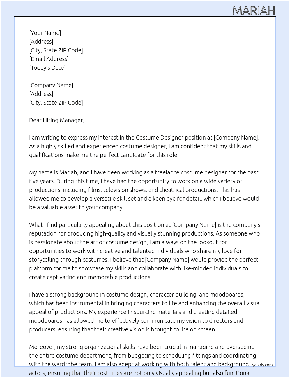 costume designer  At Production Cover Letter
