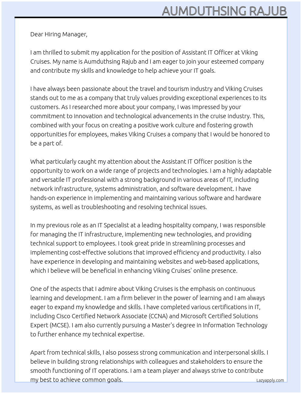 Assitant IT Officer At Viking Cruises Cover Letter