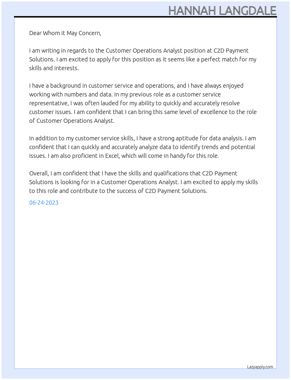 Customer Operations Analyst At C2D Payment Solutions Cover Letter