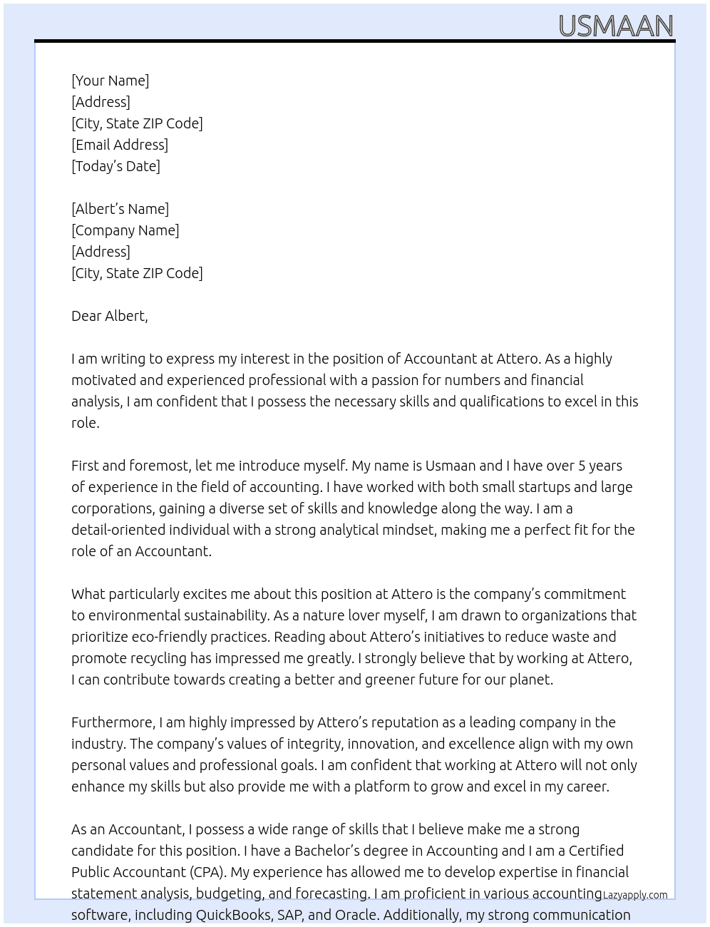 Accountent At ATTERO Cover Letter
