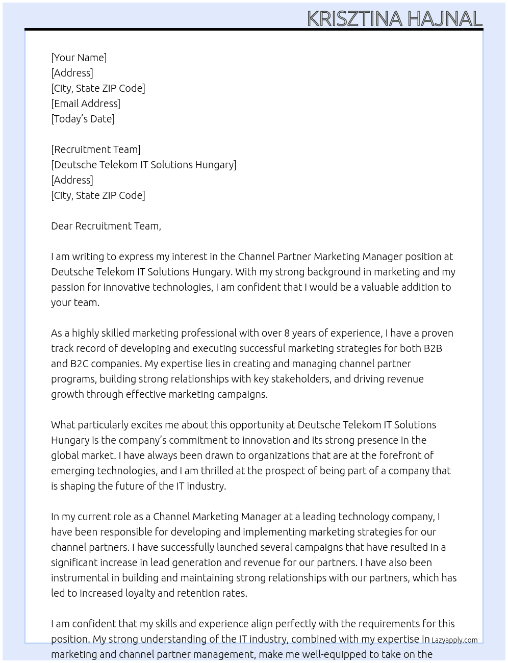 Channel Partner Marketing Manager At Deutsche Telekom IT Solutions Hungary Cover Letter