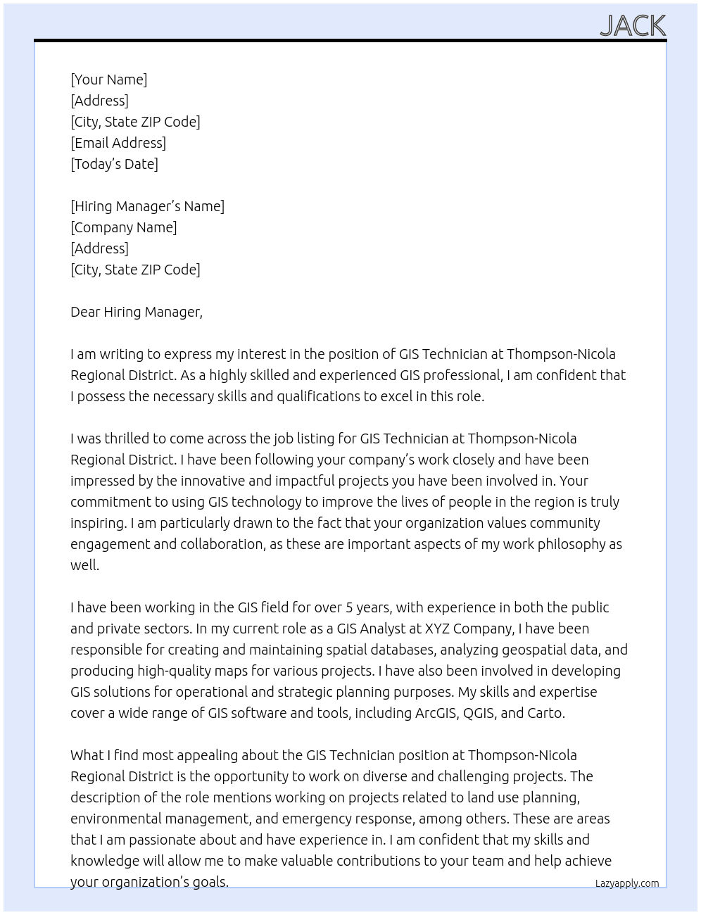 GIS Technician At Thompson-Nicola Regional District Cover Letter