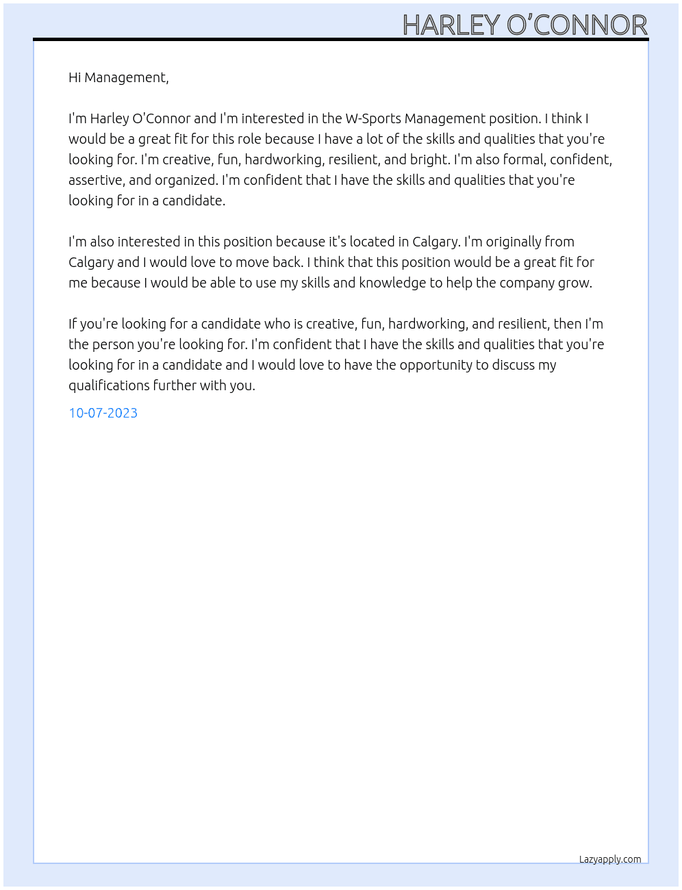 W-Sports Management At W-Sports Cover Letter