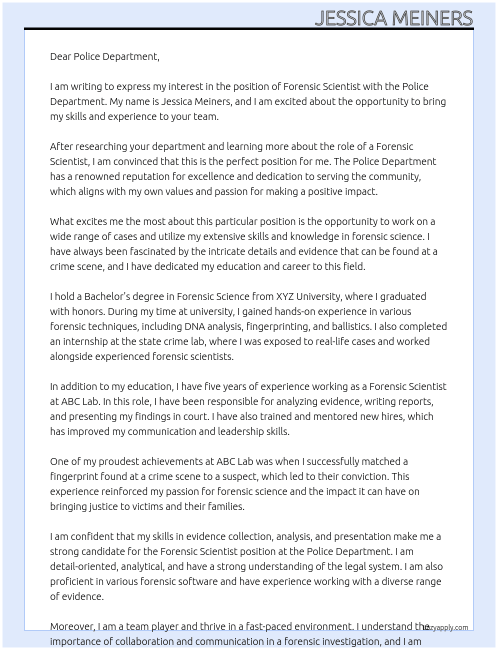 Forensic Scientist  At Police Department Cover Letter
