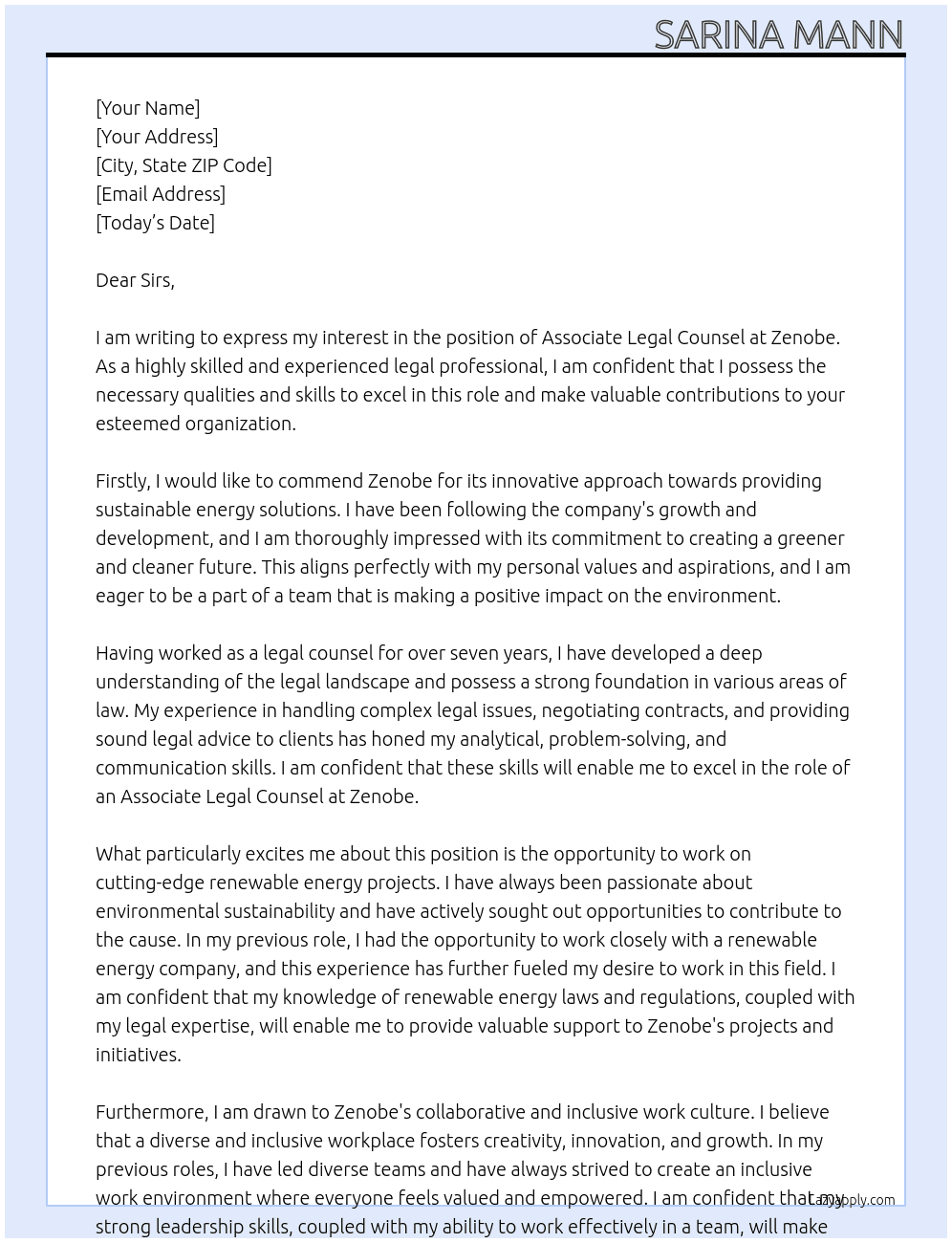 associate legal counsel At Zenobe Cover Letter