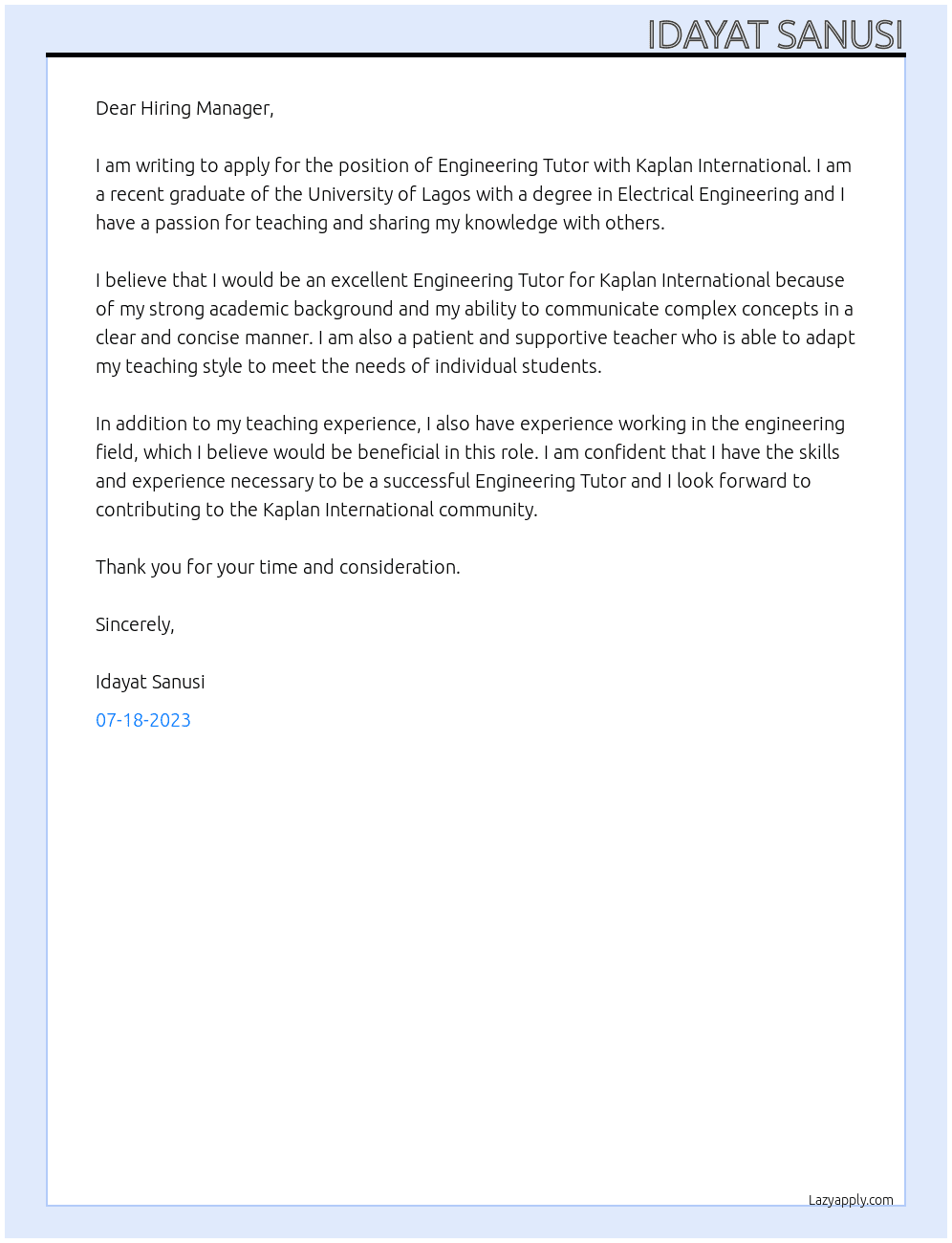 Engineering Tutor At Kaplan International Cover Letter