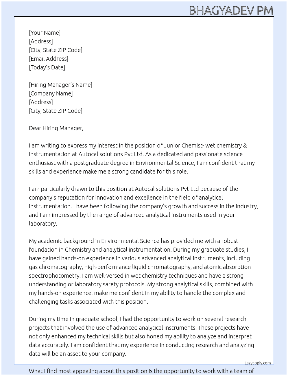 Junior Chemist- wet chemistry & Instrumentation At Autocal solutions Pvt Ltd Cover Letter