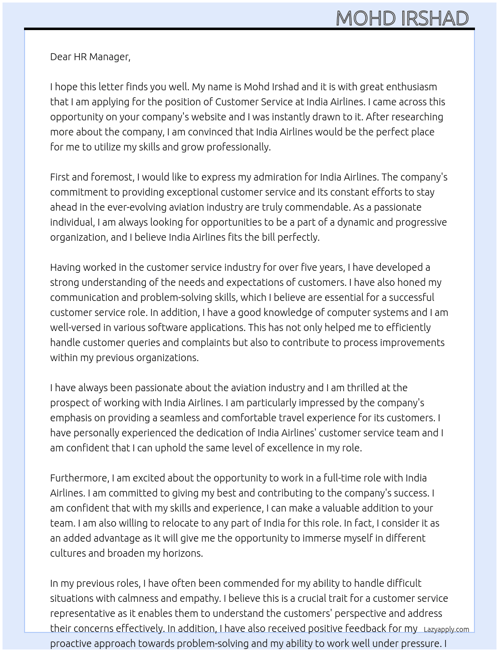 Customer service  At India Airlines Cover Letter