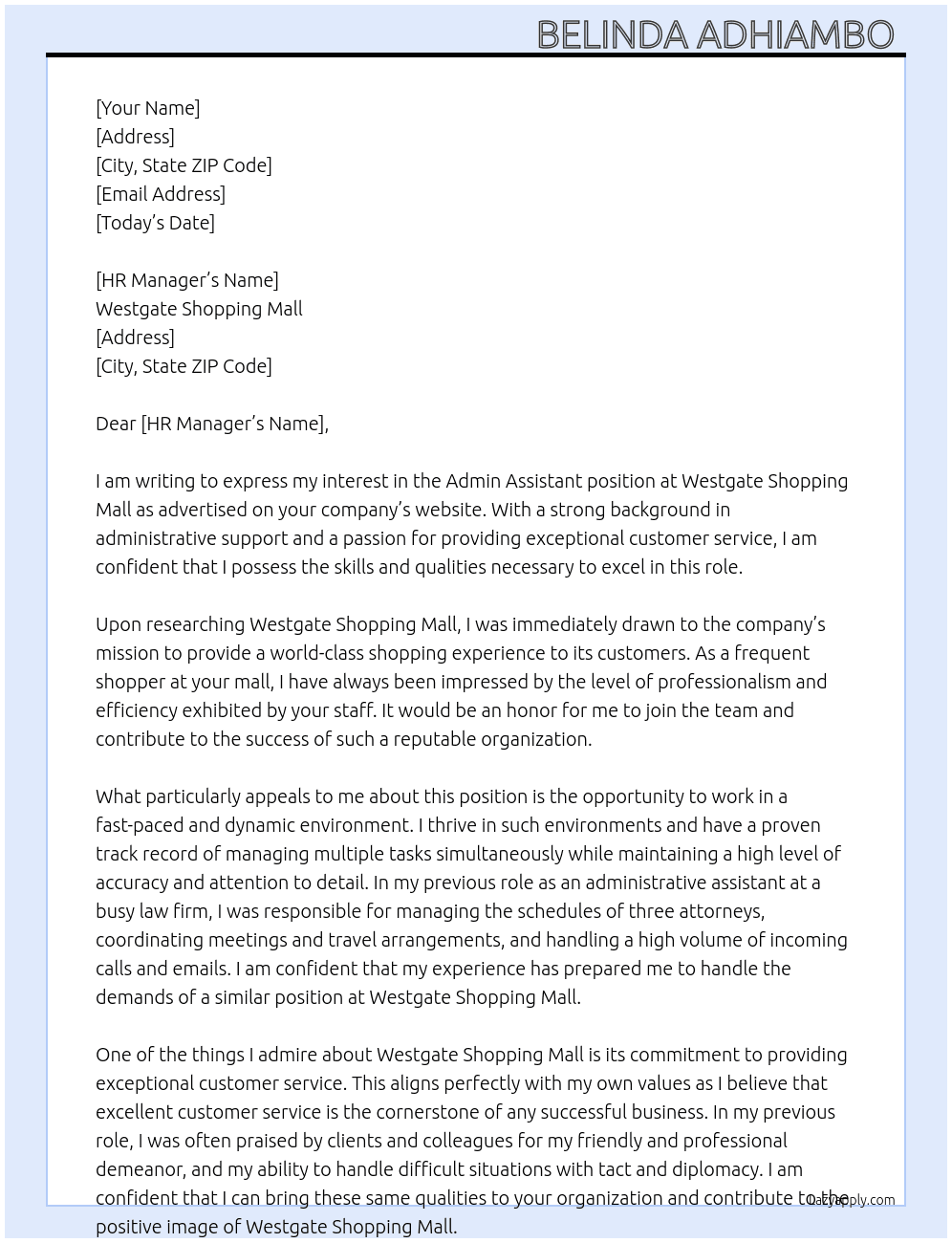 Admin assistant At Westgate Shopping Mall Cover Letter