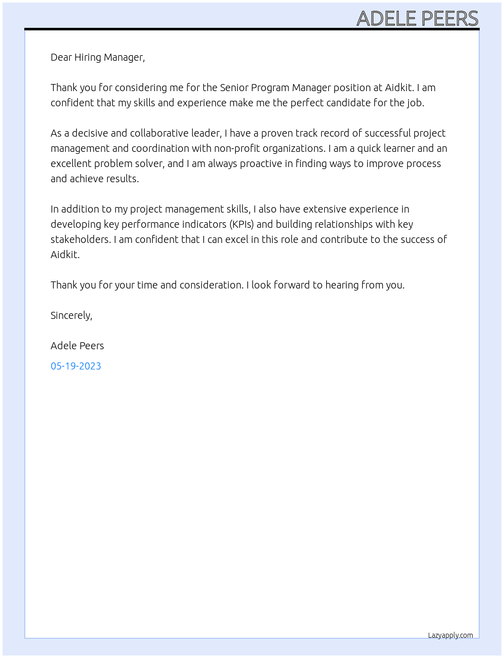 Senior Program Manager At Aidkit Cover Letter