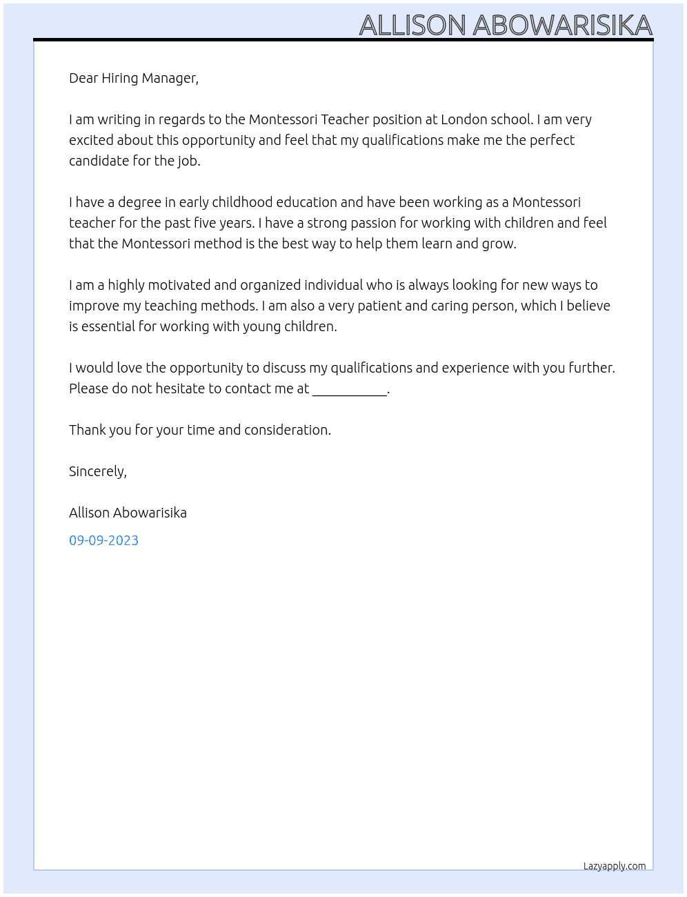 Montessori Teacher At London school Cover Letter