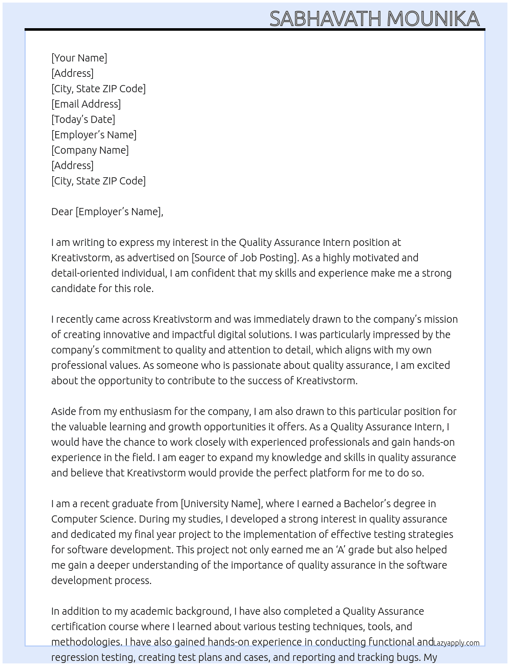 Quality assurance intern At Kreativstorm Cover Letter